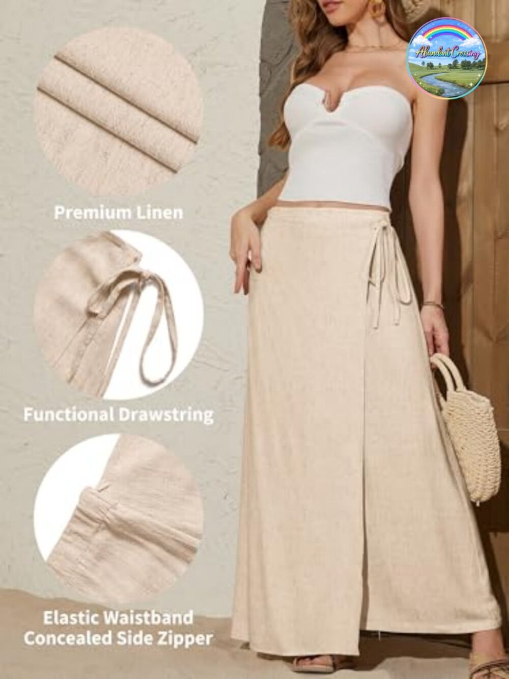 Linen Wrap Maxi Skirt Elastic Back Waistband Flowy A Line Summer Casual Long - Picture 5 of 7